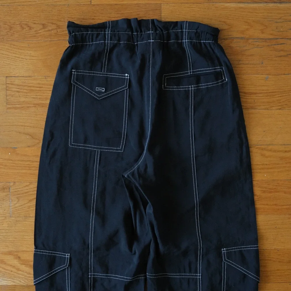 Ganni Wide-Leg Drawstring Cargo Pants Black Contrast Stitch Size 34 Utility
